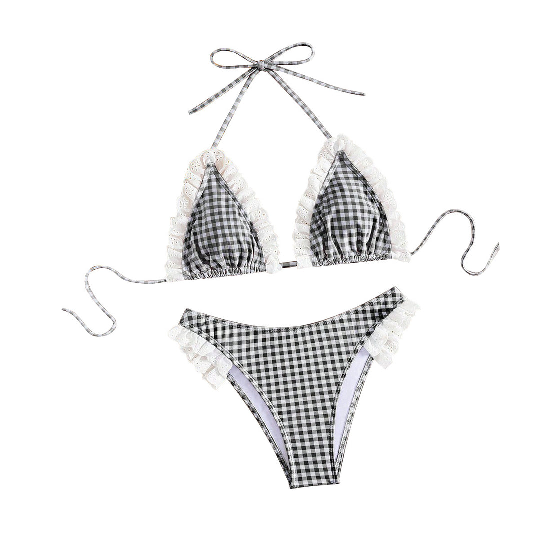 Damen Triangel-Bikini mit Rüschendetails und kariertem Design Echo Archiv