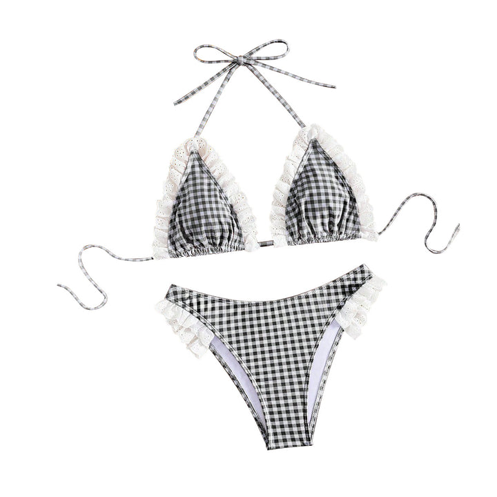 Damen Triangel-Bikini mit Rüschendetails und kariertem Design Echo Archiv
