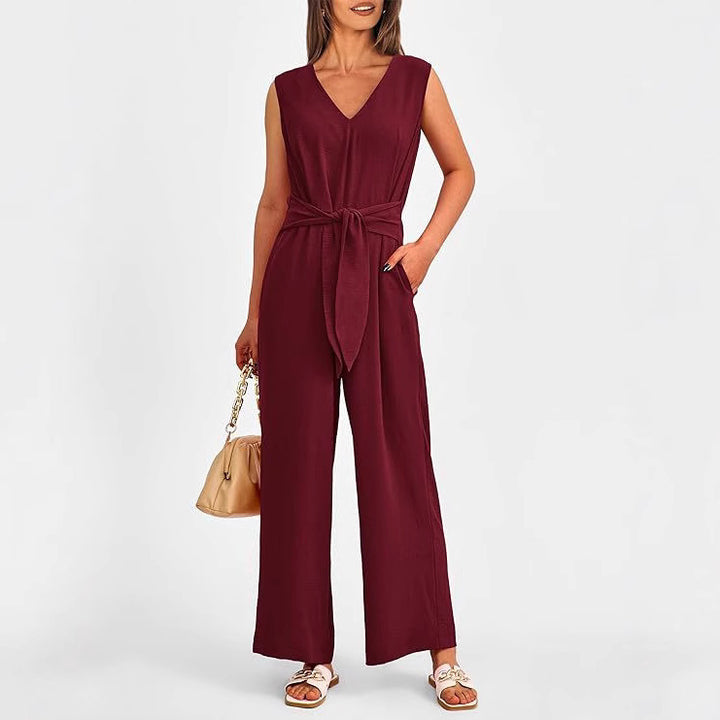 Damer Elegant Jumpsuit med V-ringning och figursydd knytbälte Eva Jonsson