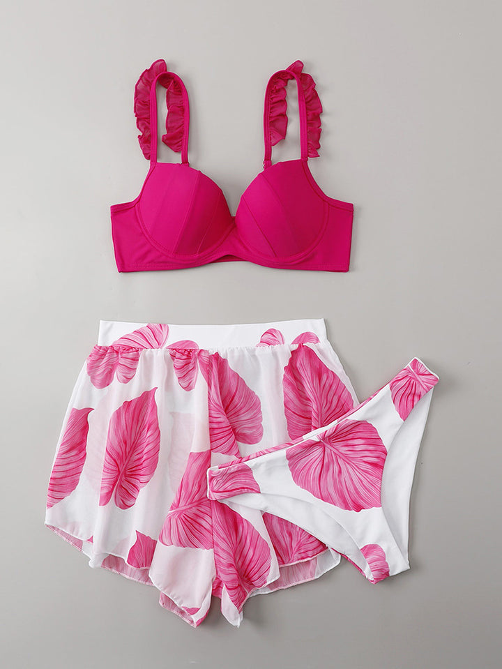 Damen Bikiniset mit gepufften Rüschenträgern und floralem Rock Echo Archiv