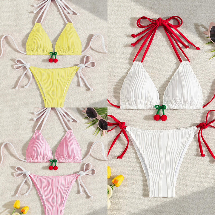 Damen Ripp-Design Triangel-Bikini mit verspieltem Kirschen-Detail Echo Archiv