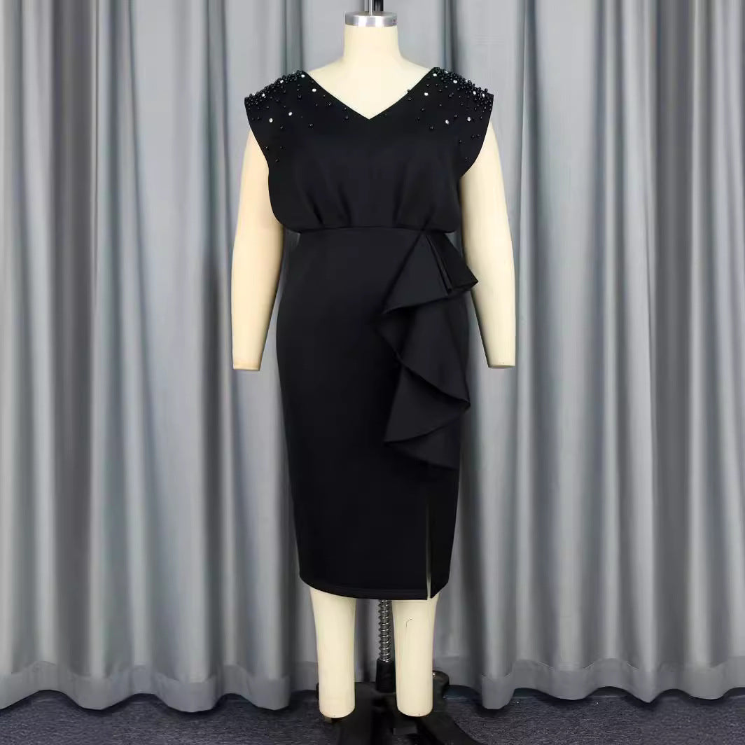 Damen elegant wrap dress with shimmering pearls and asymmetrical ruffle hem Mirla-Eva Jonsson