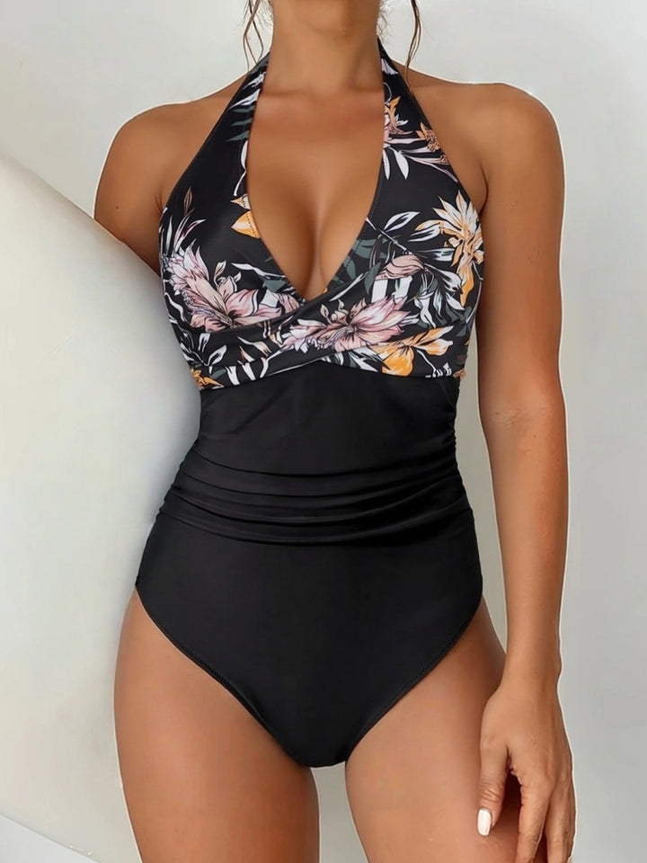 Damen Eleganter V-Ausschnitt Einteiler Badeanzug mit floralen Akzenten Echo Archiv
