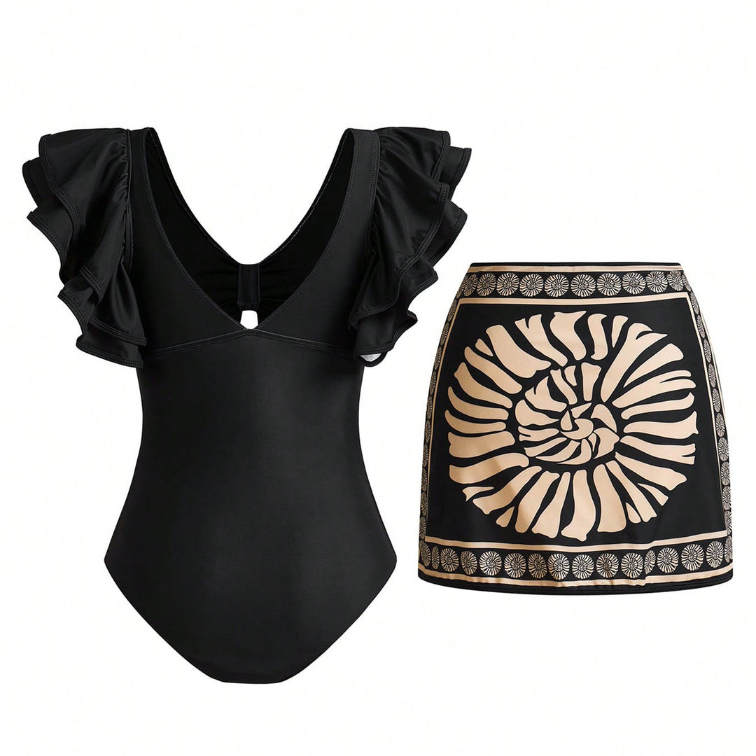 Damen Badeanzug mit eleganten Rüschendetails und passendem Saumrock Echo Archiv