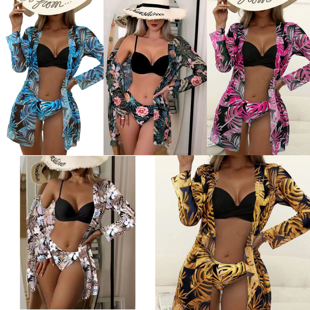 Damen Strand-Bikini mit floralen Verzierungen und elegantem Kimono Echo Archiv