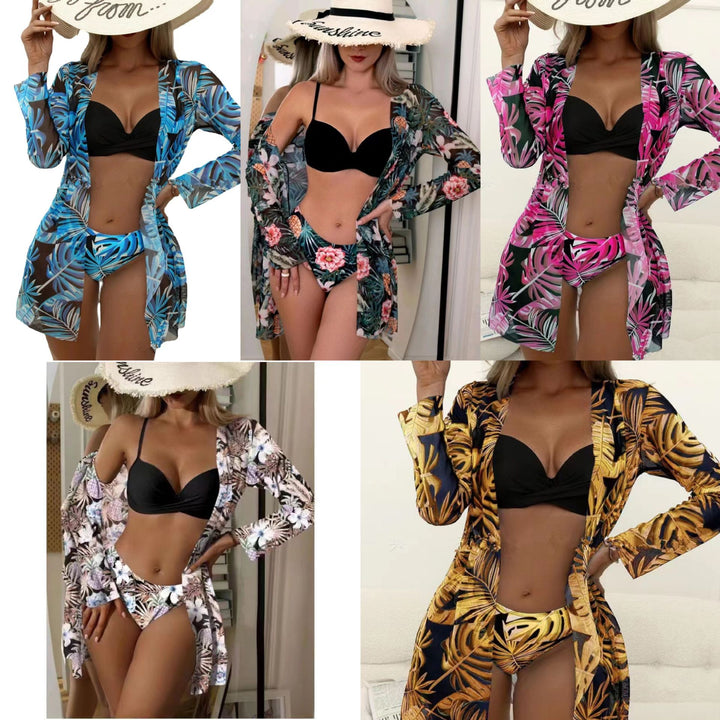 Damen Strand-Bikini mit floralen Verzierungen und elegantem Kimono Echo Archiv