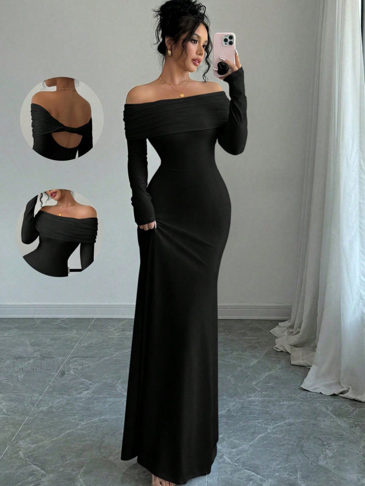 Kvinnor Elegant Långärmad Maxi Klänning med Asymmetrisk Draperingsdetalj Mirla