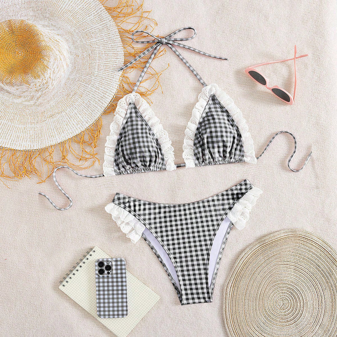 Damen Triangel-Bikini mit Rüschendetails und kariertem Design Echo Archiv