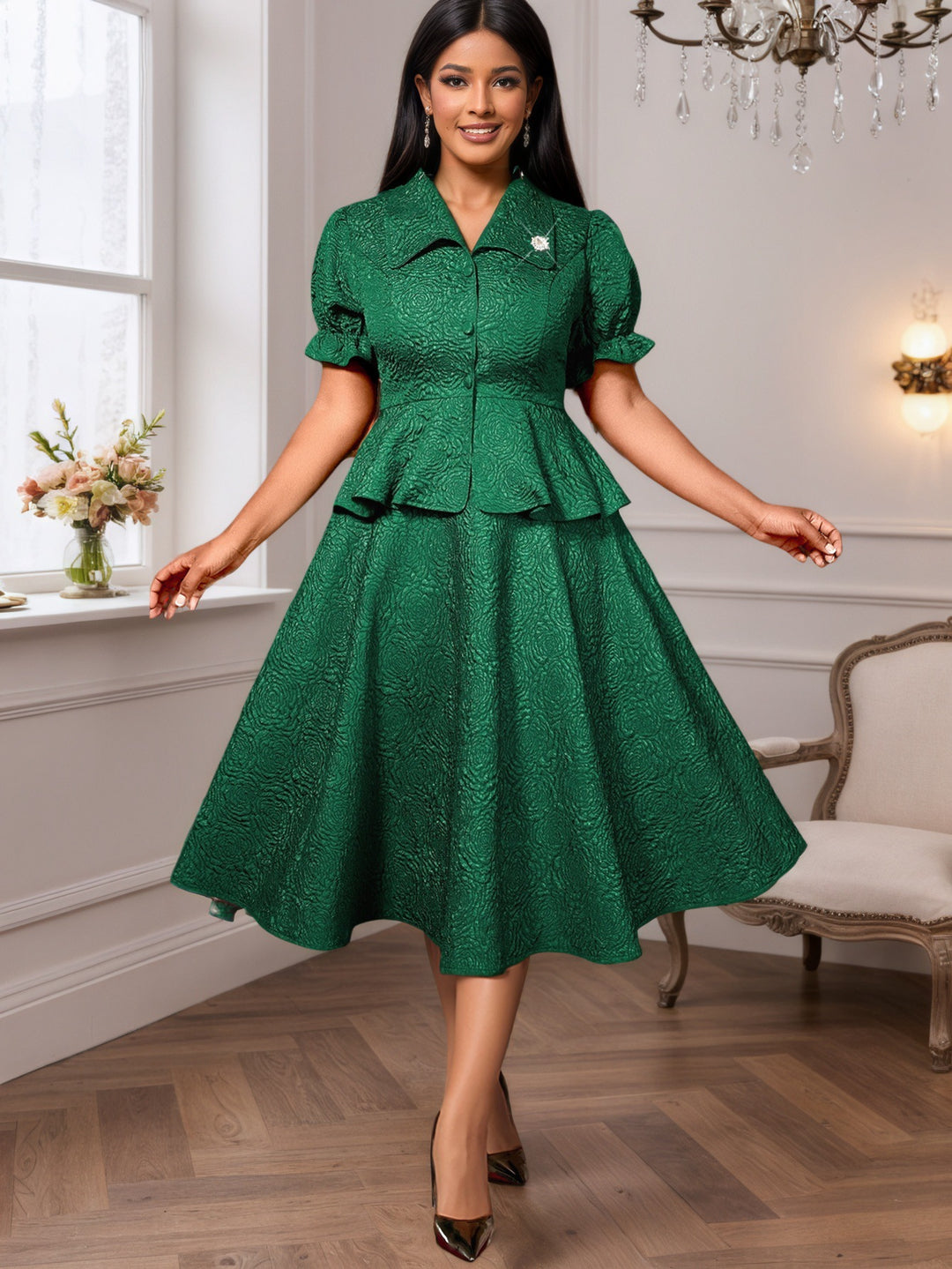Damer elegant klänning med vintage-detaljer och voluminös kjol Mirla-Eva Jonsson