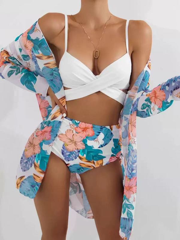 Damen Bikiniset mit floralem Kimono und hoch taillierter Hose Echo Archiv
