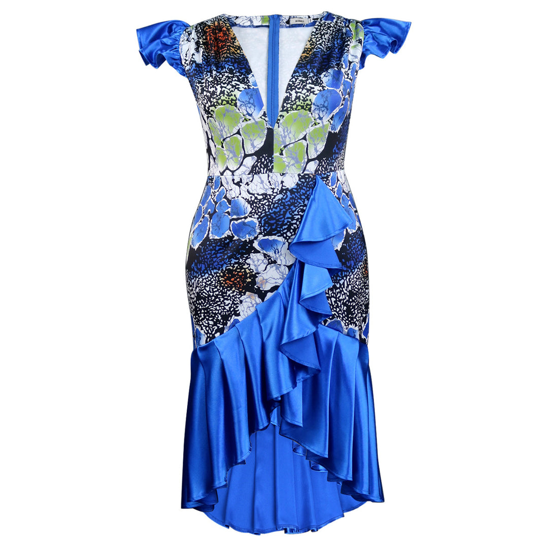 Damen Elegant Ruffled Dress with Deep V-Neck and Puffed Sleeves Mirla-Eva Jonsson
