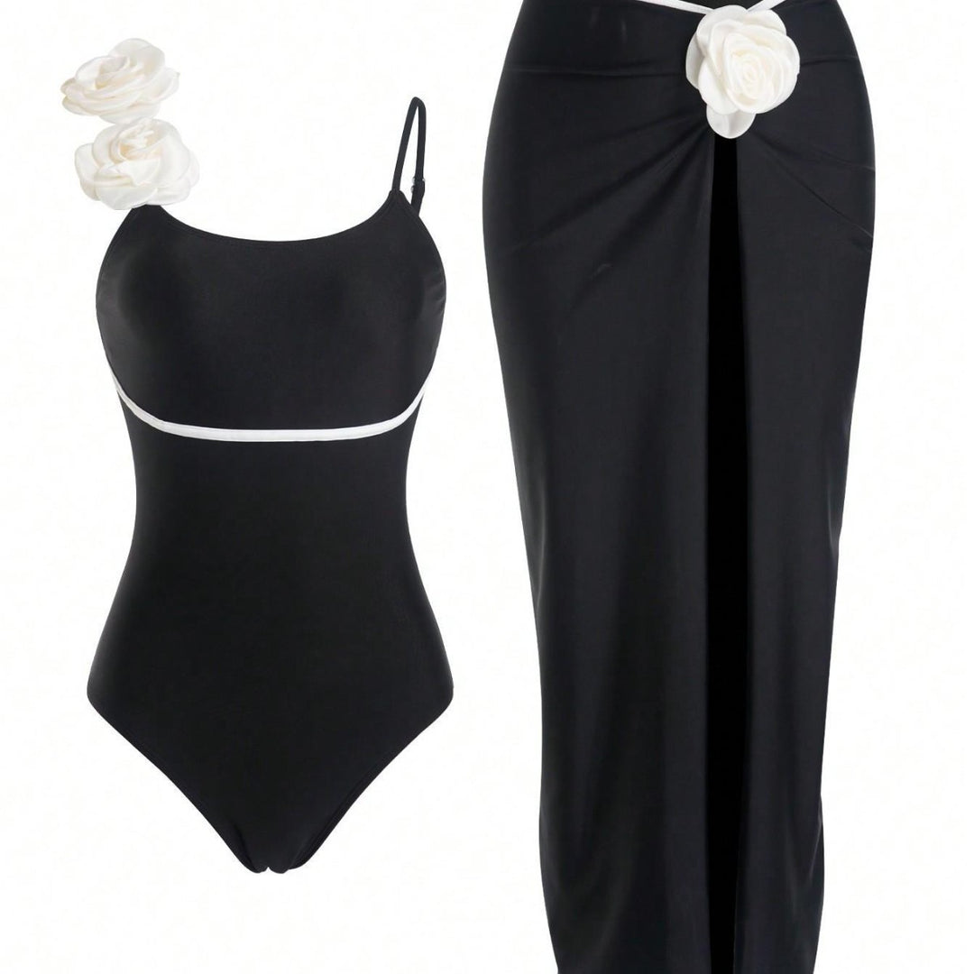 Damen Einteiler Badeanzug mit elegantem Rock und verspielten Blütendetails Echo Archiv