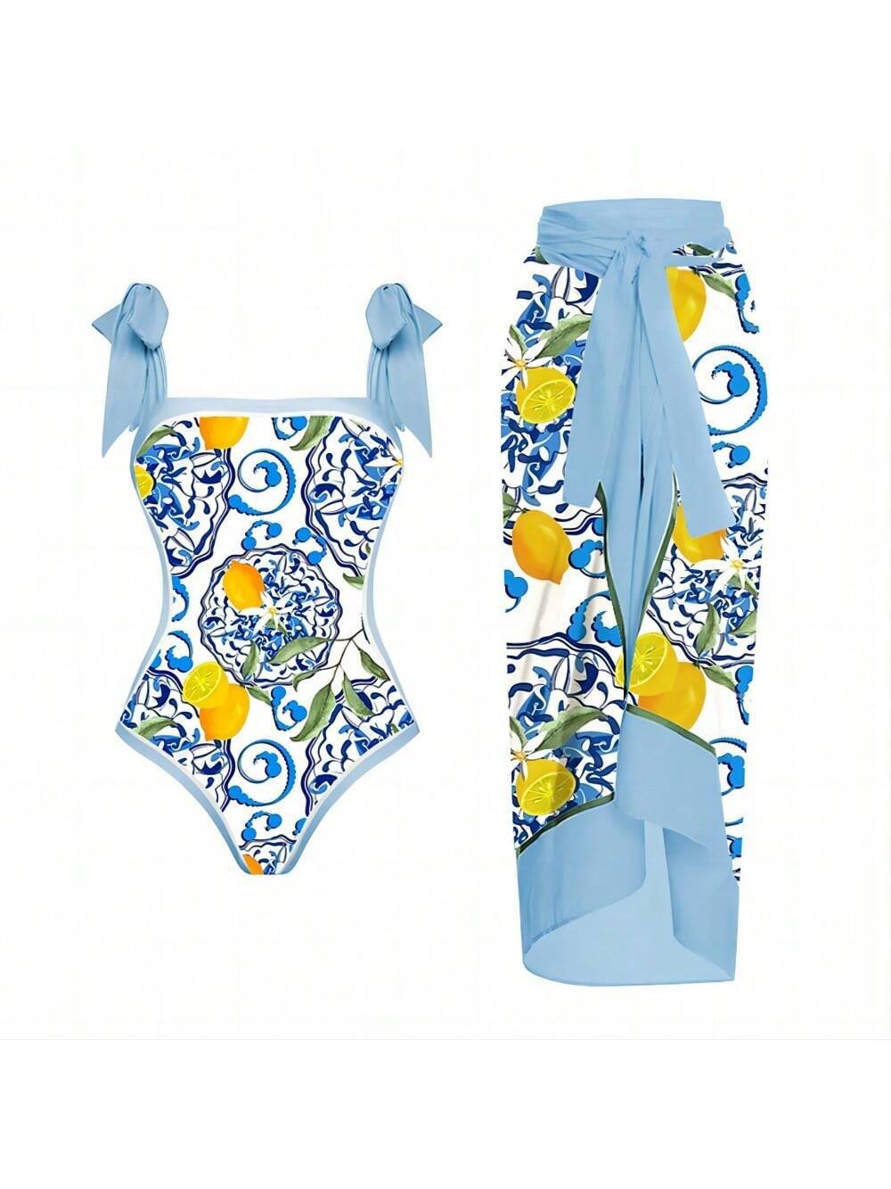 Damen Eleganter Badesuit mit floralen Akzenten und modischem Wickelrock Echo Archiv