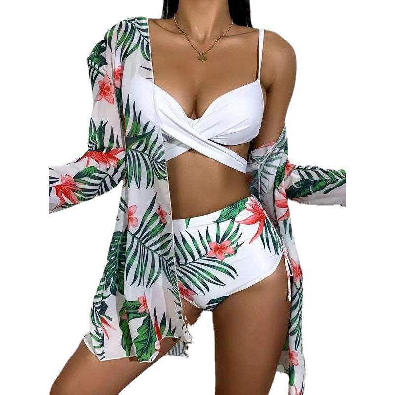 Damen Bikiniset mit floralem Kimono und hoch taillierter Hose Echo Archiv