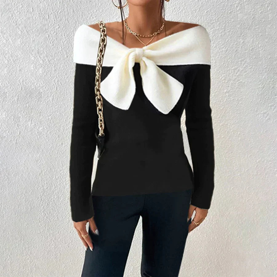 Off the Shoulder-tröja - Svart och vitt - Bow - Stickad tröja - Damkläder-Eva Jonsson