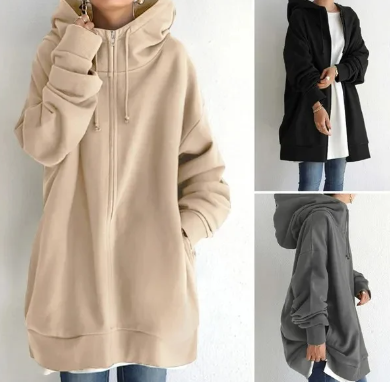 Överdimensionerad hoodie | Lång | Löst sittande | Hoodie med dragkedja | Hoodies för kvinnor-Eva Jonsson