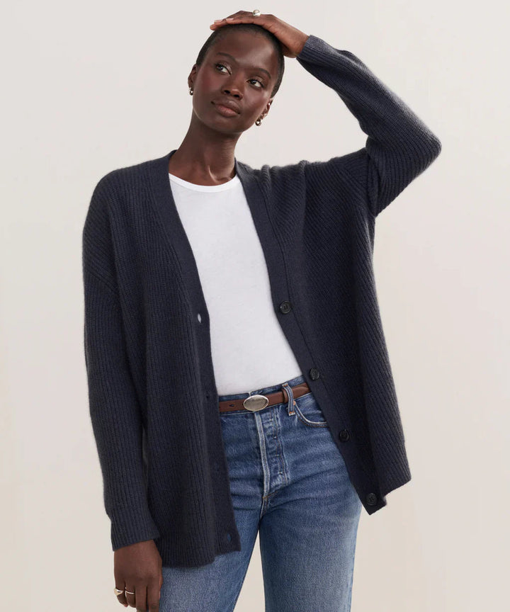 Oversized Cardigan - Knäppt V-neckad stickad kashmirkofta för kvinnor-Eva Jonsson
