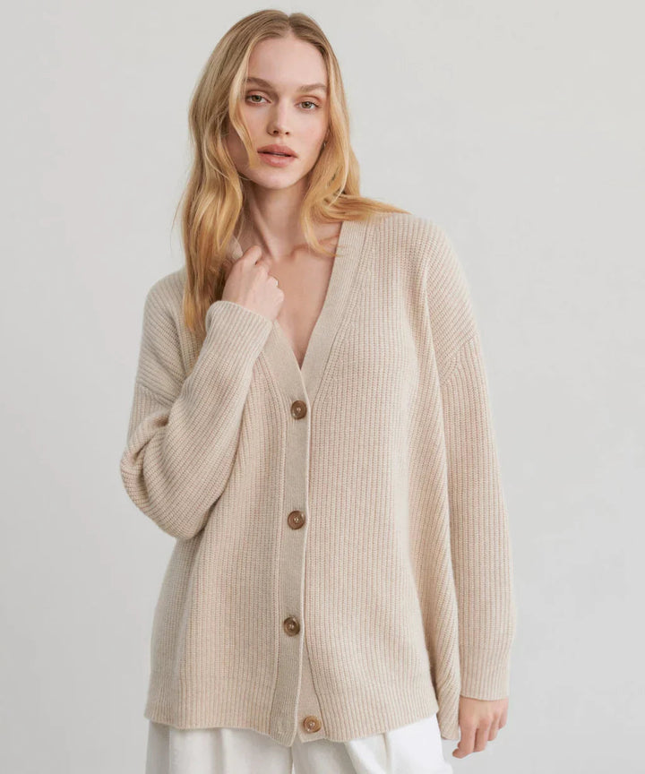 Oversized Cardigan - Knäppt V-neckad stickad kashmirkofta för kvinnor-Eva Jonsson