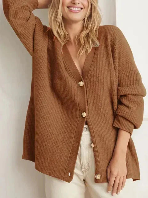 Oversized Cardigan | Knäppt | V-ringad | Stickad Chunky Cardigan | Damstickat-Eva Jonsson