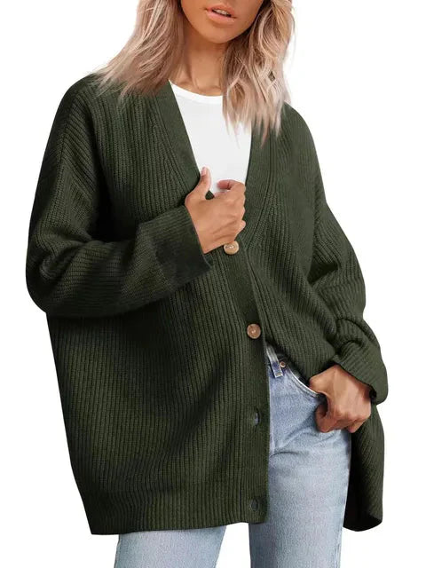Oversized Cardigan | Knäppt | V-ringad | Stickad Chunky Cardigan | Damstickat-Eva Jonsson