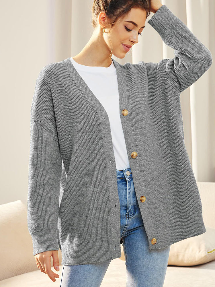 Oversized Cardigan - Knäppt stickad cardigan med V-hals för kvinnor-Eva Jonsson