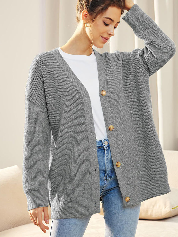 Oversized Cardigan - Knäppt stickad cardigan med V-hals för kvinnor-Eva Jonsson