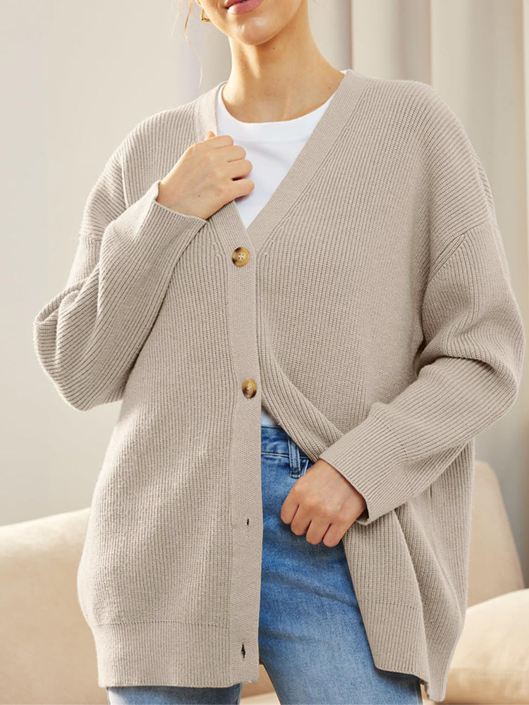 Oversized Cardigan - Knäppt stickad cardigan med V-hals för kvinnor-Eva Jonsson