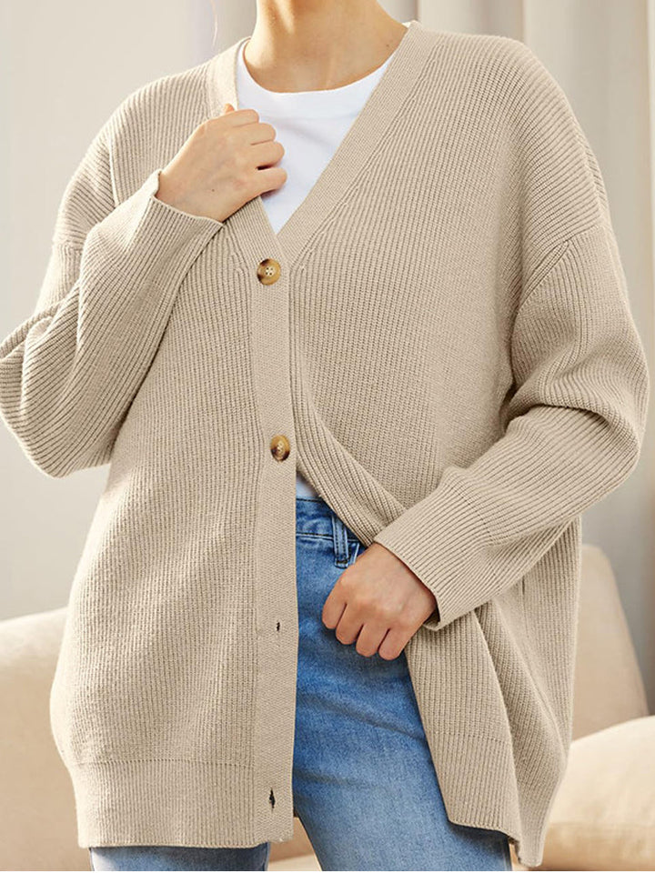 Oversized Cardigan - Knäppt stickad cardigan med V-hals för kvinnor-Eva Jonsson