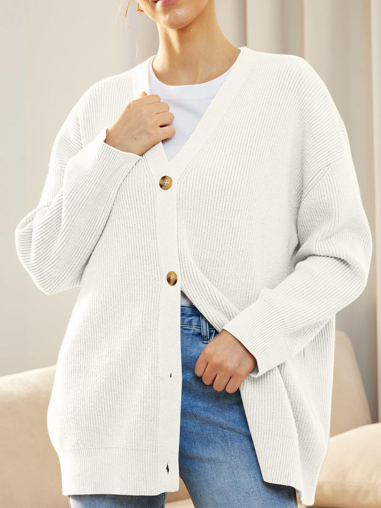 Oversized Cardigan - Knäppt stickad cardigan med V-hals för kvinnor-Eva Jonsson