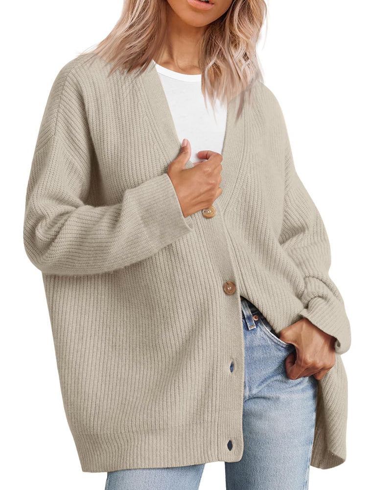 Oversized Cardigan - Knäppt stickad cardigan med V-hals för kvinnor-Eva Jonsson