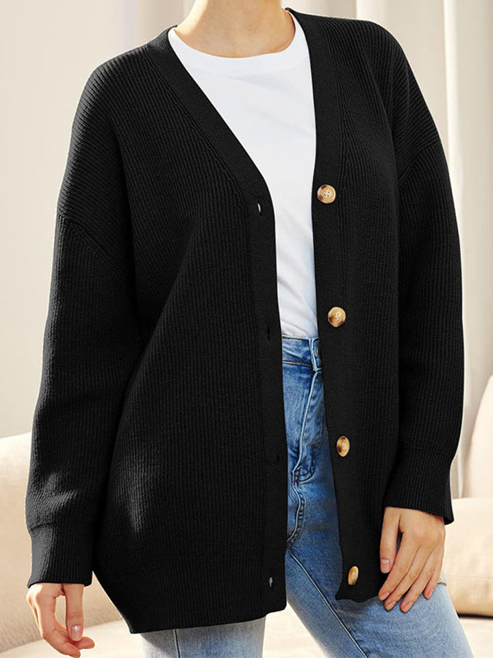Oversized Cardigan - Knäppt stickad cardigan med V-hals för kvinnor-Eva Jonsson