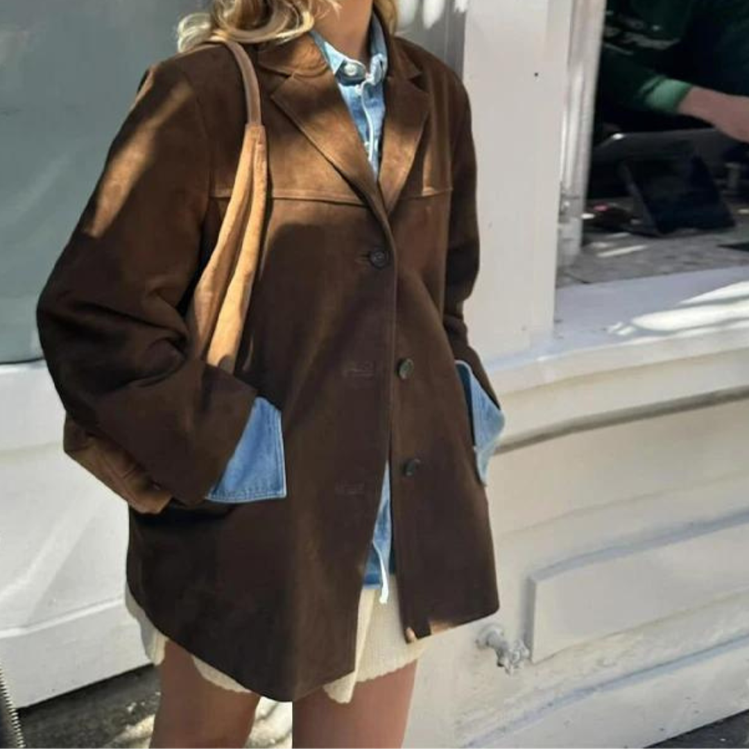 Oversized Jacka - Brun enkelknäppt höstjacka i mocka för dam-Eva Jonsson
