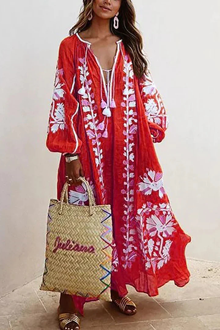Oversized Klänning | V-hals | Långärmad | Boho klänning | Maxi klänning-Eva Jonsson