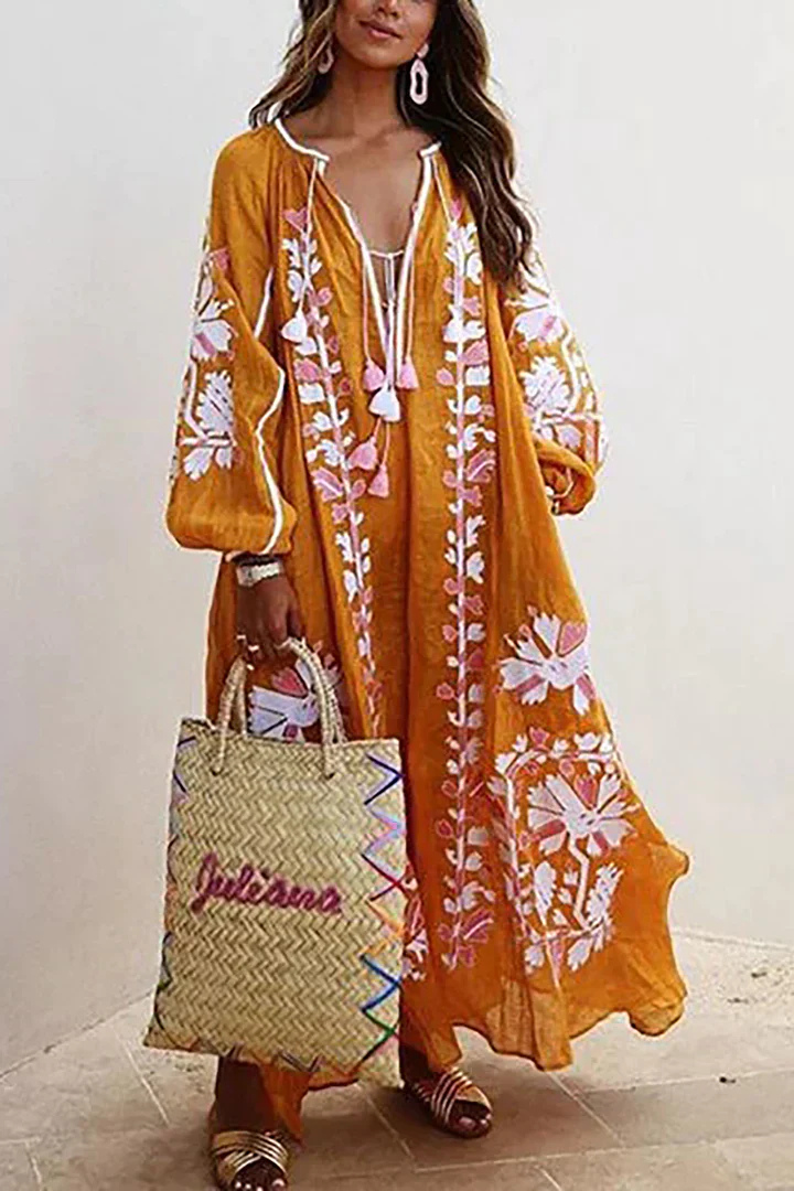 Oversized Klänning | V-hals | Långärmad | Boho klänning | Maxi klänning-Eva Jonsson