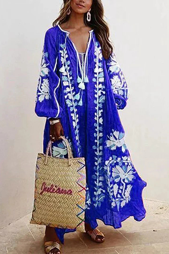 Oversized Klänning | V-hals | Långärmad | Boho klänning | Maxi klänning-Eva Jonsson