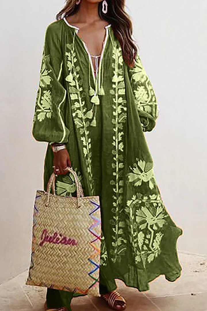 Oversized Klänning | V-hals | Långärmad | Boho klänning | Maxi klänning-Eva Jonsson