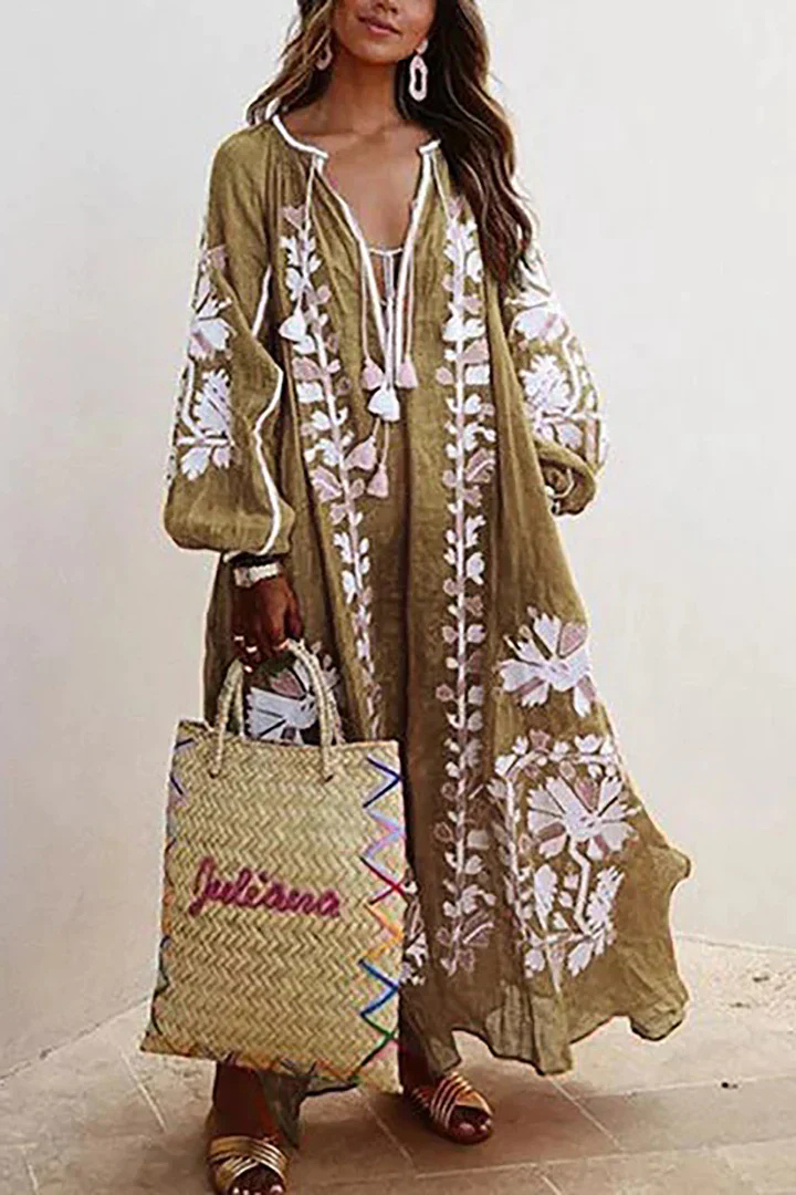 Oversized Klänning | V-hals | Långärmad | Boho klänning | Maxi klänning-Eva Jonsson