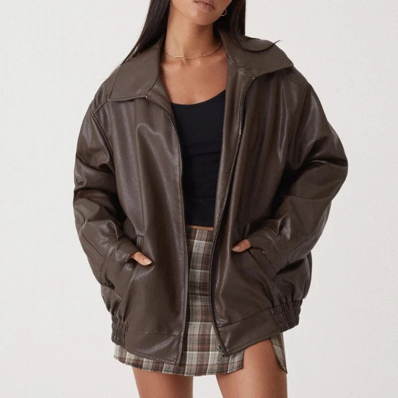 Oversized läderjacka - Svart - Brun - Läderjacka - Läderjacka för dam-Eva Jonsson