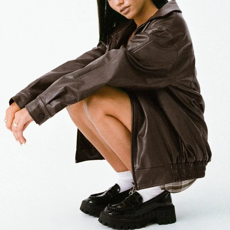 Oversized läderjacka - Svart - Brun - Läderjacka - Läderjacka för dam-Eva Jonsson
