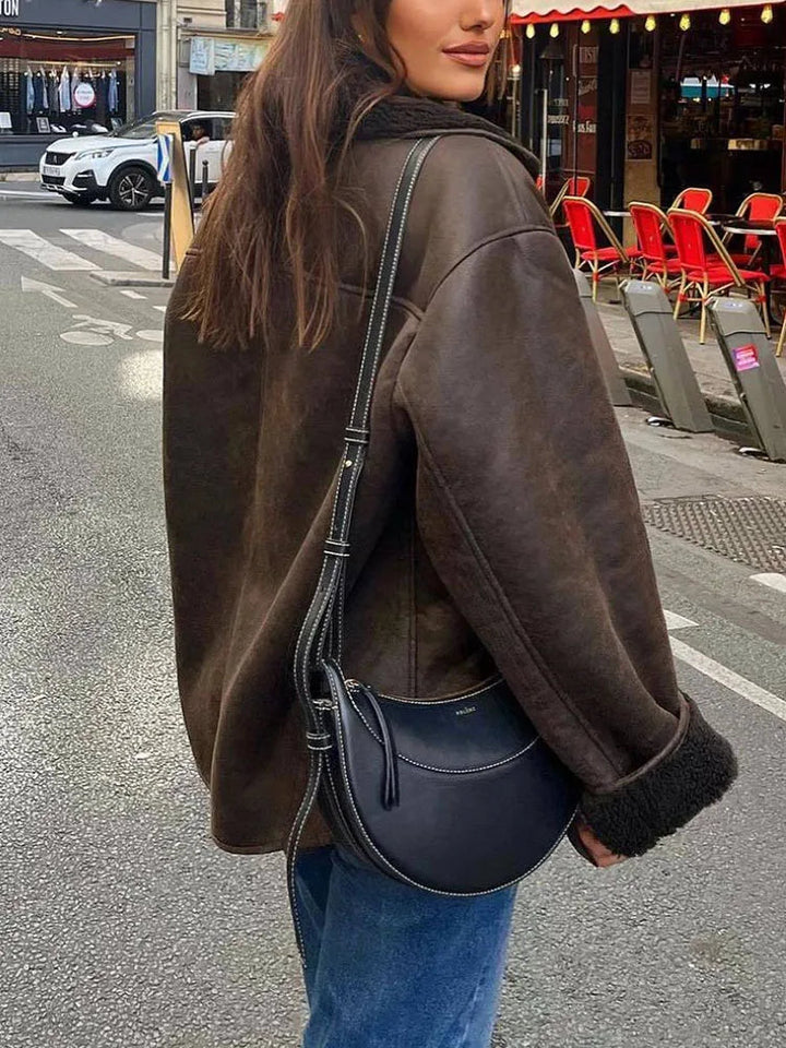 Oversized läderjacka - Vintage - Vinter - Fleece fodrad läderjacka - Damjacka-Eva Jonsson