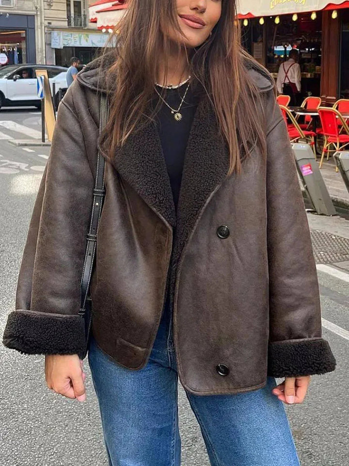 Oversized läderjacka - Vintage - Vinter - Fleece fodrad läderjacka - Damjacka-Eva Jonsson