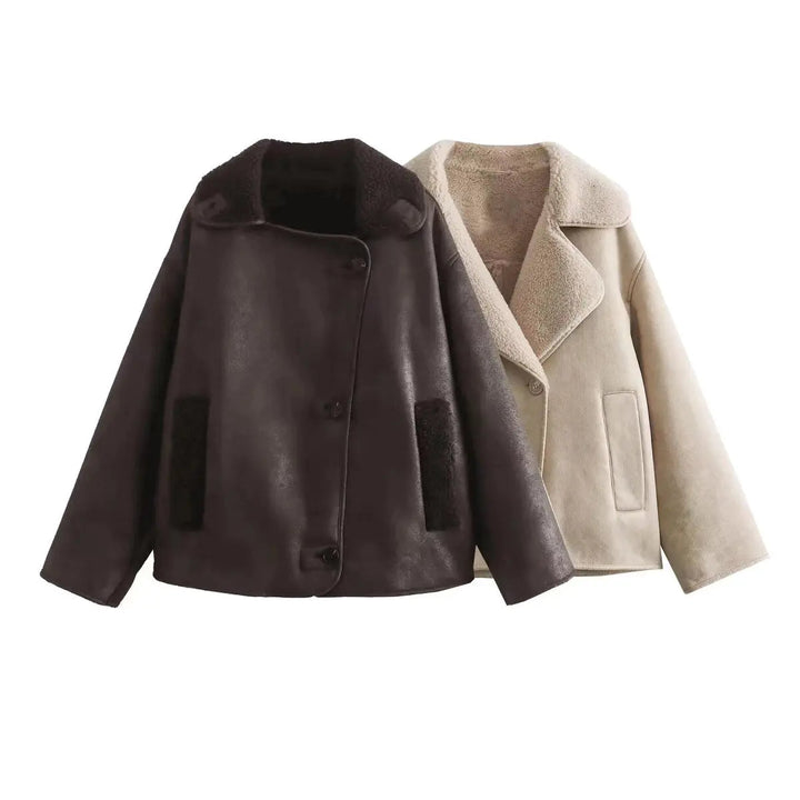 Oversized läderjacka - Vintage - Vinter - Fleece fodrad läderjacka - Damjacka-Eva Jonsson