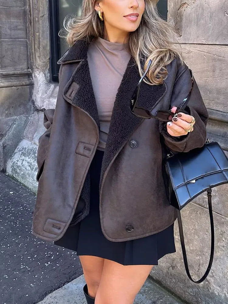 Oversized läderjacka - Vintage - Vinter - Fleece fodrad läderjacka - Damjacka-Eva Jonsson