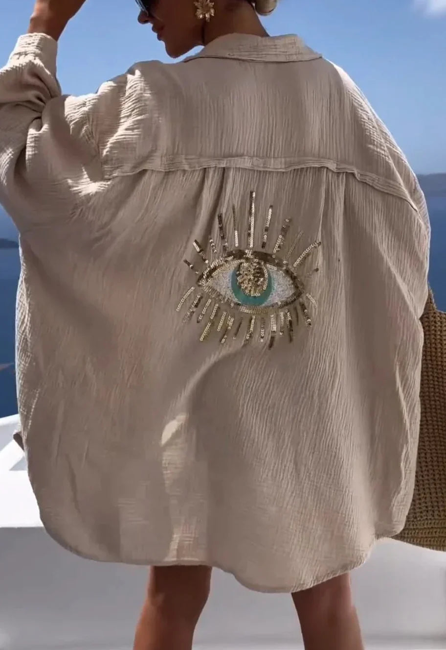 Oversized skjorta - paljetter - lös passform - linneskjorta - damkläder-Eva Jonsson