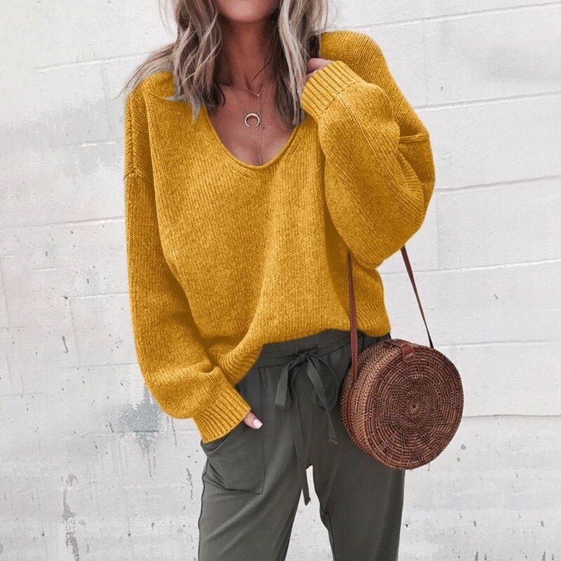 Oversized tröja - V-ringad - Loose Fit - Stickad tröja - Damstickat-Eva Jonsson