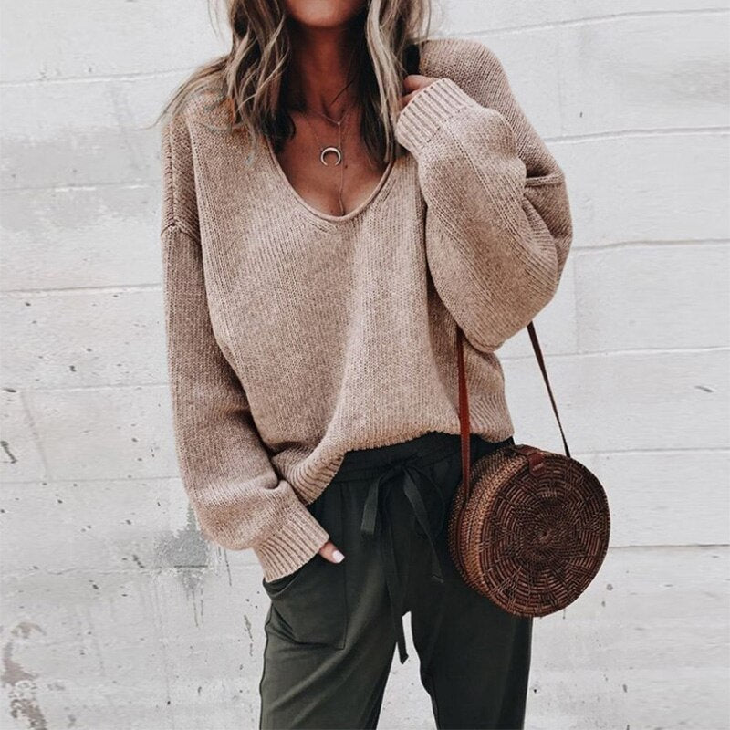 Oversized tröja - V-ringad - Loose Fit - Stickad tröja - Damstickat-Eva Jonsson
