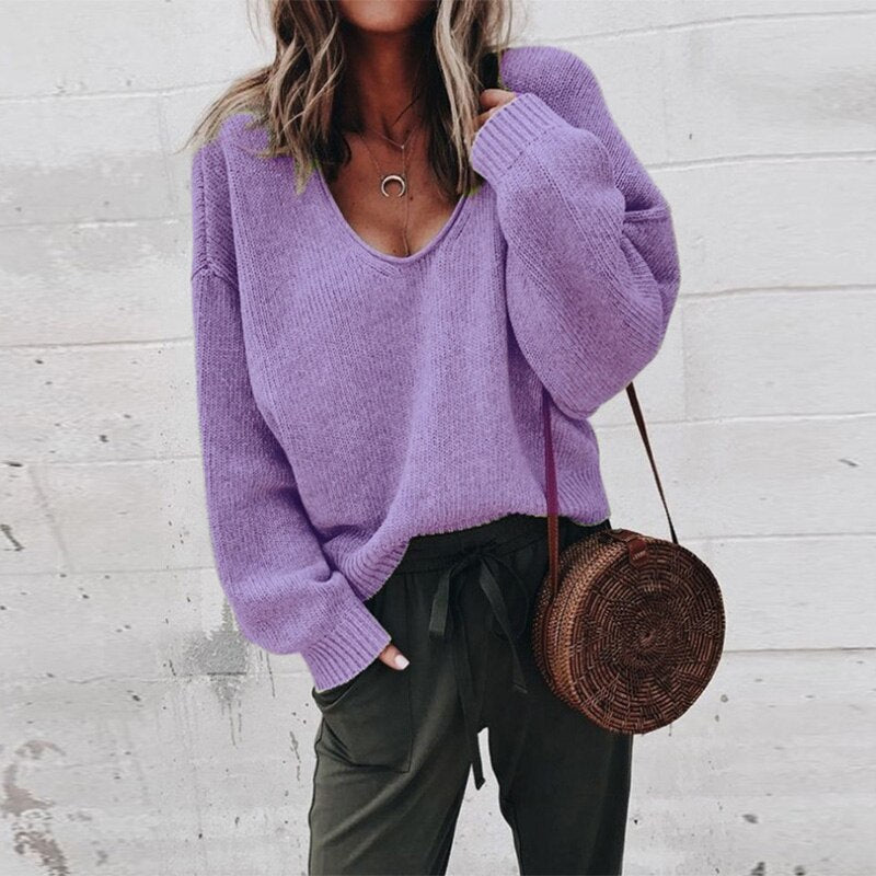 Oversized tröja - V-ringad - Loose Fit - Stickad tröja - Damstickat-Eva Jonsson