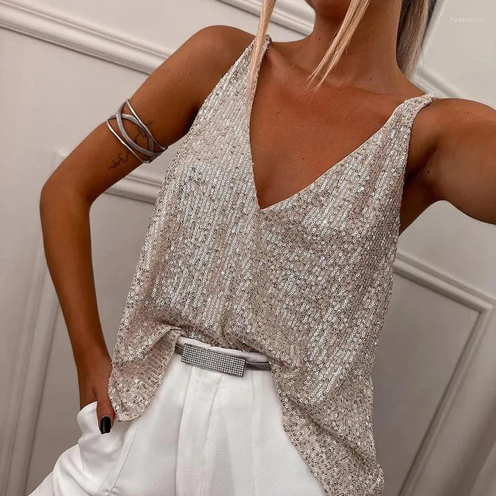 Paljett Topp | Ärmlös | V-hals | Glitter Topp | Party Topp-Eva Jonsson
