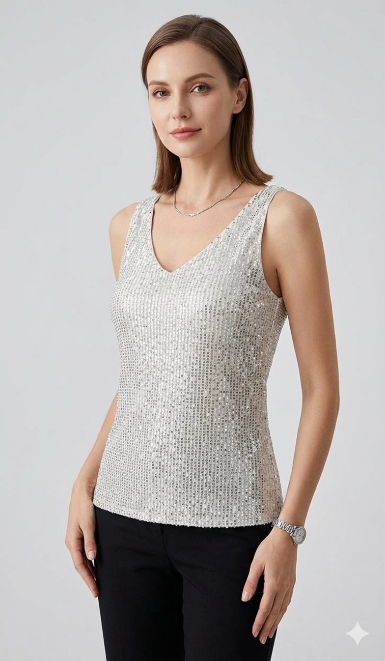 Paljett Topp | Ärmlös | V-hals | Glitter Topp | Party Topp-Eva Jonsson