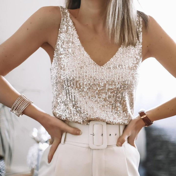 Paljett Topp | Ärmlös | V-hals | Glitter Topp | Party Topp-Eva Jonsson